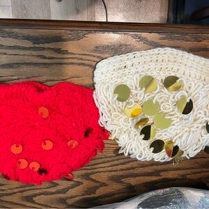 Vintage Red and Cream Knit Beanies with Sequins